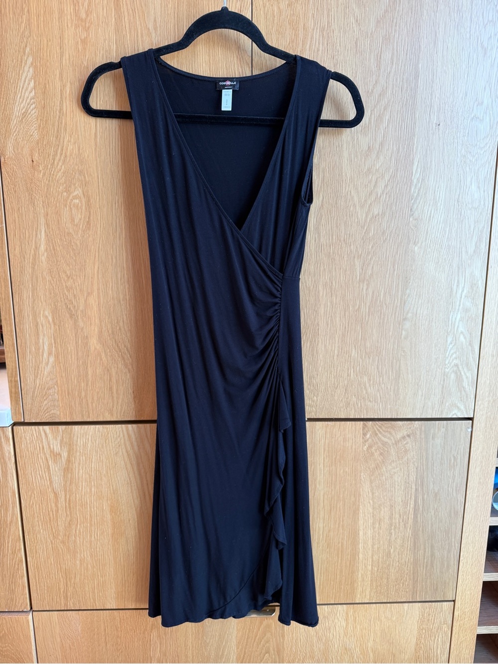 Cosabella Black Sleeveless Faux-Wrap Midi Dress with Side Ruching